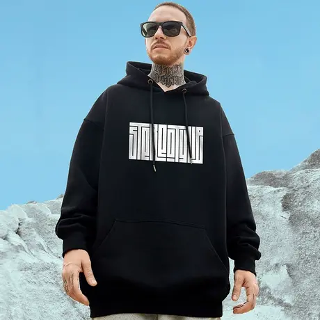 2024新款九叠篆官印国潮潮牌秋冬宽松加肥加大码连帽加绒卫衣男装商品大图