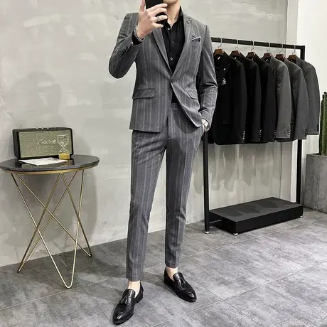新郎结婚礼服男高级感商务休闲条纹西装修身外套痞帅西服二件套潮商品大图