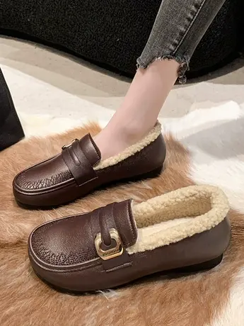 加绒乐福棉鞋女2023秋冬新款复古百搭平底黑色一脚蹬羊羔毛豆豆鞋商品大图