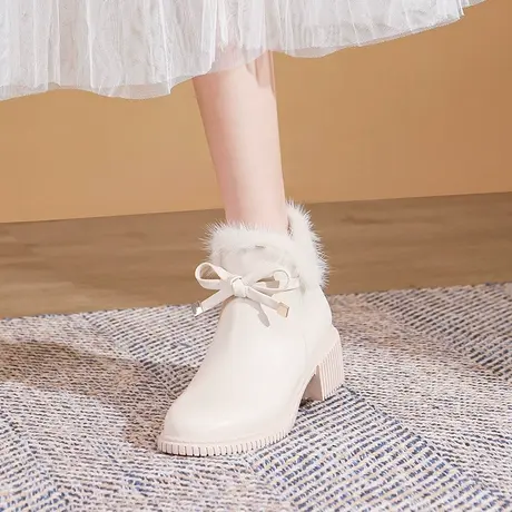 百翎2021秋冬新款女靴子仙女风中跟短靴粗跟米色貂毛小码女鞋子图片