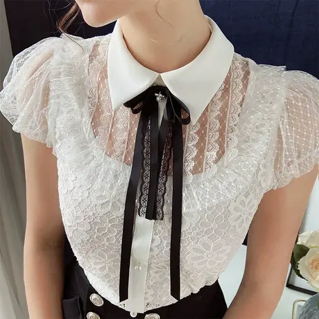 粉红大布娃娃法式衬衫女夏短袖2021新款复古港味显瘦蕾丝衫上衣商品大图