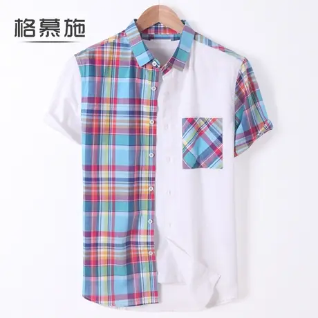 格慕施夏季纯棉短袖衬衫男士2023拼接衬衣胖子宽松大码上衣服商品大图