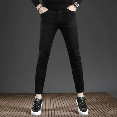 高级黑色九分牛仔裤男款修身小脚2023新款潮牌锥形弹力男士裤子图片