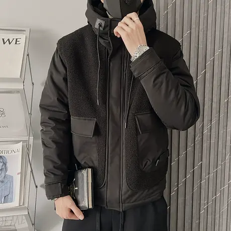 连帽工装棉服男冬季个性潮牌修身加厚轻熟风冬装羊羔毛棉衣外套图片