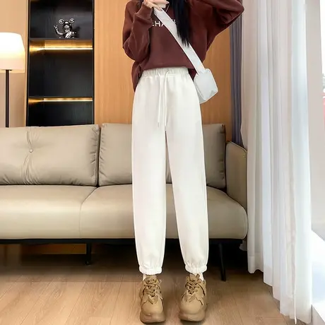 白色加绒休闲裤女秋冬新款高腰加厚保暖小个子束脚哈伦裤九分卫裤商品大图