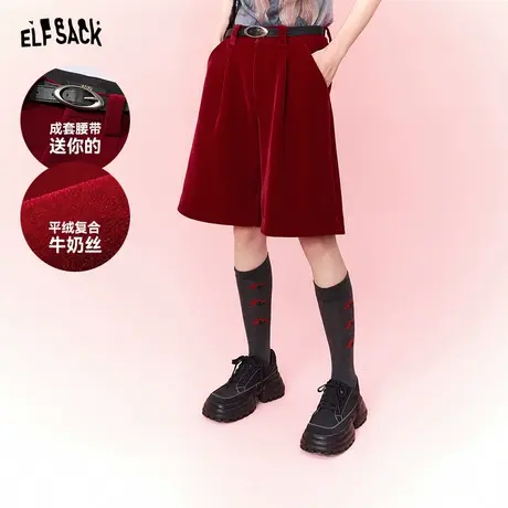 妖精的口袋红色复古休闲裤女2024年早春新款高腰直筒显瘦五分裤子商品大图