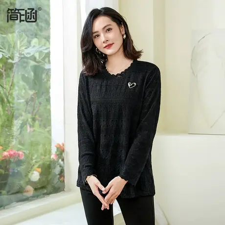 简涵大码时尚磨毛蕾丝衫女2024春季新款圆领正肩打底衫商品大图