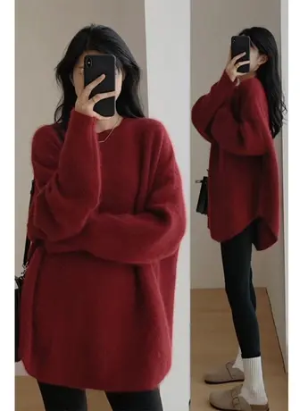 新年红色针织衫毛衣女秋冬加厚中长款2024新款上衣洋气内搭打底衫商品大图