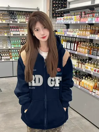 美式复古oversize卫衣女秋冬季小个子慵懒风连帽加绒加厚开衫外套图片