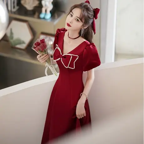 敬酒服新娘2024新款酒红色结婚订婚回门礼服连衣裙女小个子蝴蝶结商品大图