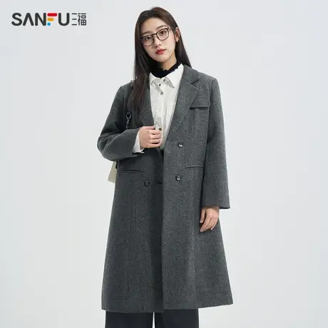 三福毛呢大衣2023冬季韩版双排扣西装领长款厚外套女装483309图片