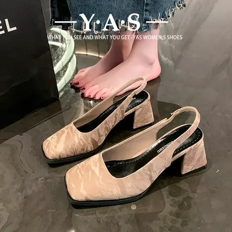 法式复古方头高跟鞋包头凉鞋女2024春季新款黑色气质粗跟后空单鞋商品大图