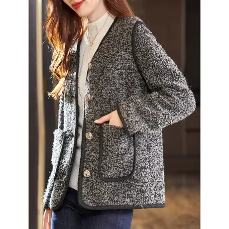 宝诗黎V领小香风亮丝外套2023秋季新款时尚气质短款口袋上衣开衫商品大图