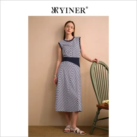 YINER音儿女装夏季法式优雅条纹肌理无袖连衣裙商品大图