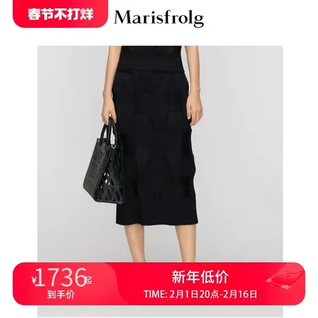 玛丝菲尔22夏新款黑色时尚通勤编织棋盘格半身裙女图片