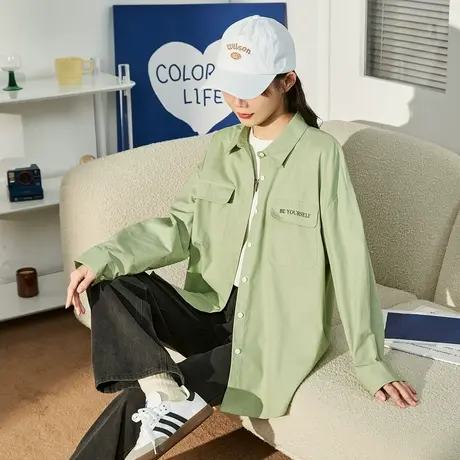 唐狮工装衬衫女士春秋新款百搭休闲白色长袖衬衫衬衣大码宽松上衣图片