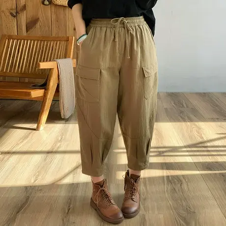 dza 高腰显瘦纯棉阔腿子女2024新款宽松口袋九分裤直筒休闲哈伦裤商品大图