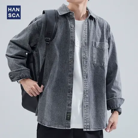 hansca牛仔衬衫男士长袖日系复古潮流高级感宽松百搭纯色工装外套商品大图