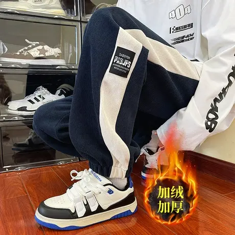 裤子男秋冬季新款加绒加厚休闲长裤男士潮牌拼接宽松束脚运动卫裤商品大图