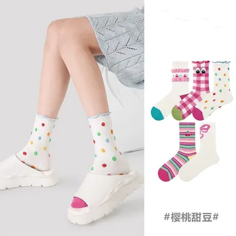 中筒袜女春季2024可爱樱桃抑菌除臭棉袜多巴胺少女卡通时尚堆堆袜商品大图