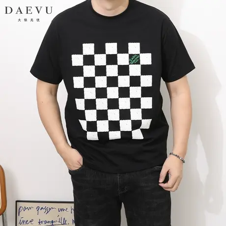 DAEVU夏季新款棋盘格年青潮胖子大号加肥加大码圆领男士短袖t恤商品大图