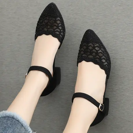 2022秋季新款包头大码凉鞋女41-43舒适软底妈妈中跟真皮网纱鞋女商品大图