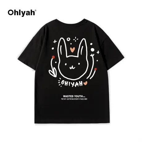 Ohlyah潮牌爱心卡通兔子印花宽松男女情侣同款短袖T恤女班服ins商品大图