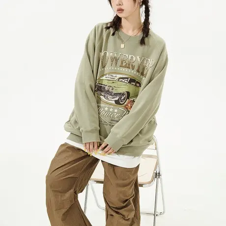 YEP汽车印花卫衣女春秋2023新款爆款美式复古潮牌外套宽松情侣装商品大图