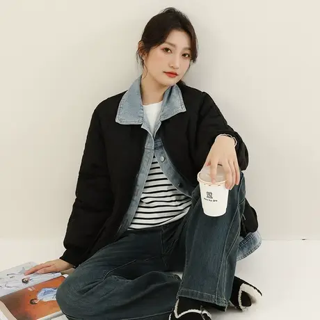 韩潮袭人2023冬季新款假两件拼接牛仔加厚棉衣棉服女休闲显瘦外套图片