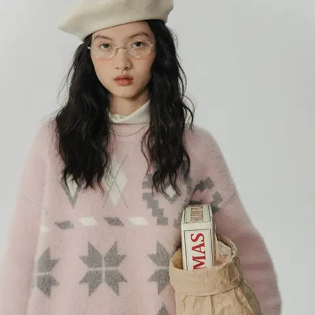 omont蛋挞家 仿貂毛圆领图案毛衣女秋冬2023新款宽松套头针织上衣图片