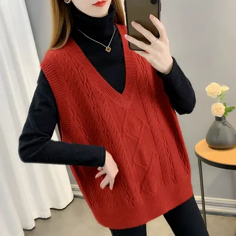 马夹背心女针织秋装女2023年新款V领无袖菱形麻花外穿马甲女宽松商品大图