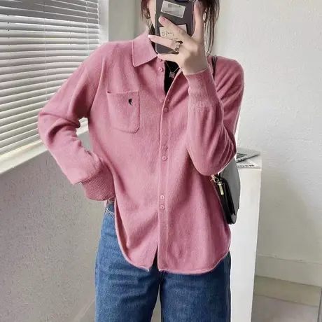 POLO领刺绣衬衫针织开衫女上衣秋装新款宽松中长款高级感毛衣外套图片