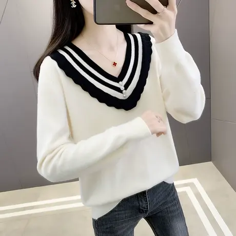 水晶绒毛衣女秋装新款韩版宽松外穿V领套头内搭长袖针织打底衫女商品大图