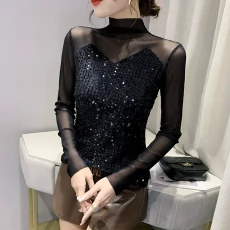 2023春秋新款网纱拼接打底衫女长袖夜店风闪亮片上衣气质修身T恤商品大图