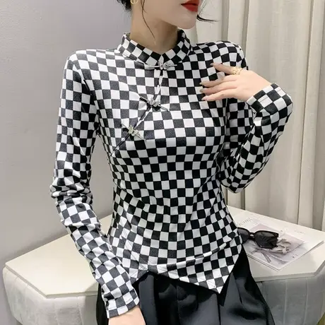 时尚棋盘格T恤女长袖不规则开叉收腰上衣秋冬加厚磨毛内搭打底衫商品大图