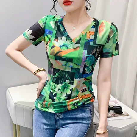 性感网纱T恤女短袖2023夏装新款时尚印花小衫别致洋气修身V领上衣商品大图