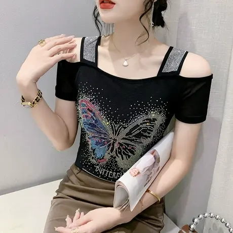 一字肩短袖女欧货设计感烫钻T恤洋气网纱小衫性感露锁骨修身上衣商品大图