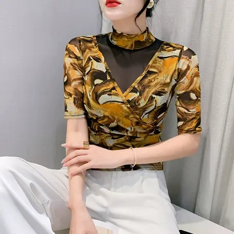 网纱拼接打底衫女初秋2023新款性感镂空五分袖T恤洋气印花上衣潮商品大图