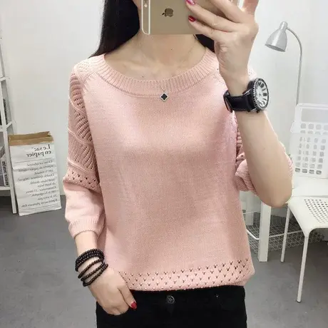 薄毛衣女2020秋装新款女装七分袖宽松短款女士上衣镂空针织衫女商品大图