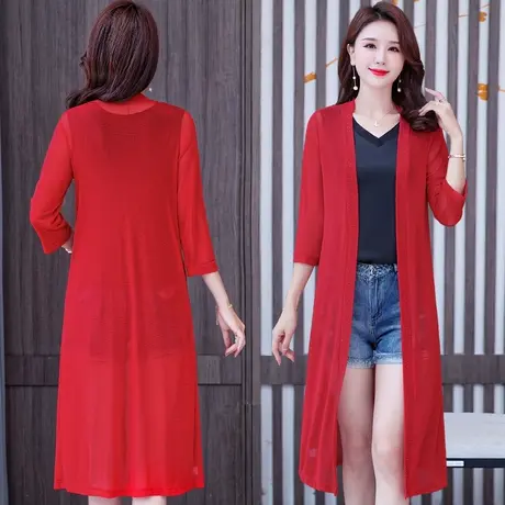 春夏季网纱开衫风衣薄款显瘦披肩外套中长款七分袖大码女装防晒衣图片