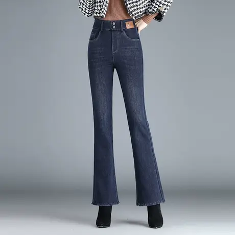 时尚加绒微喇牛仔裤女秋冬2023新款高腰气质修身长裤垂感喇叭裤子图片
