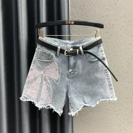 高级感蝴蝶结烫钻重工艺牛仔短裤女23夏天新品个性辣妹毛边阔腿裤图片