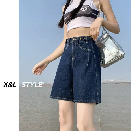 深蓝色五分牛仔裤女春秋季2023年新款高腰短裤小个子宽松直筒中裤商品大图