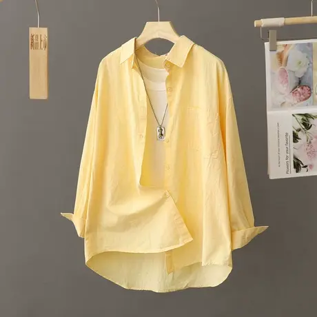黄色衬衫女外套早春秋2023新款法式宽松复古港味chic长袖上衣开衫图片