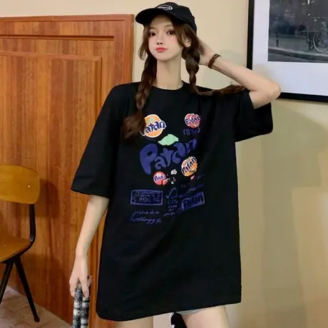 网红欧货大版ins短袖t恤女2021宽松韩版学生bf慵懒风半袖上衣服潮图片