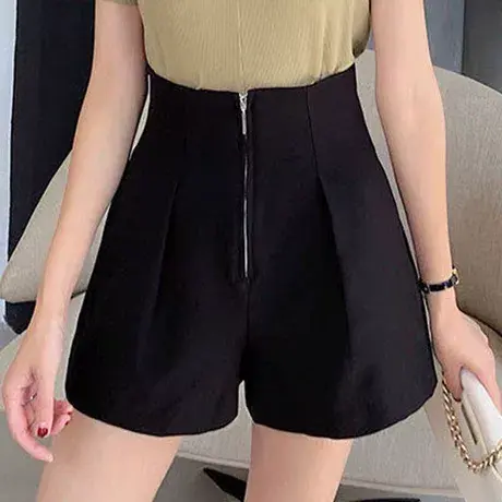 2023春秋新款高腰宽松阔腿短裤女外穿拉链粗腿显瘦A字西装花苞裤图片