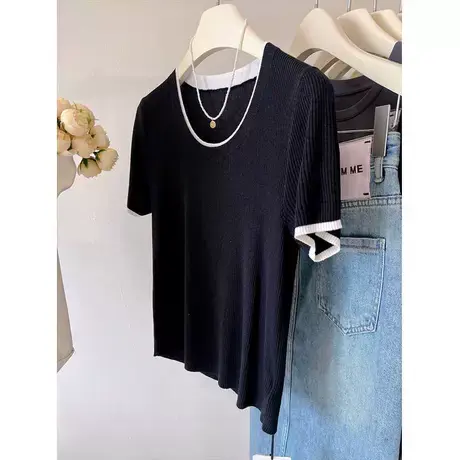 撞色镶边领子 韩系天丝亚麻圆领宽松显瘦薄款短袖针织衫女 上衣夏商品大图