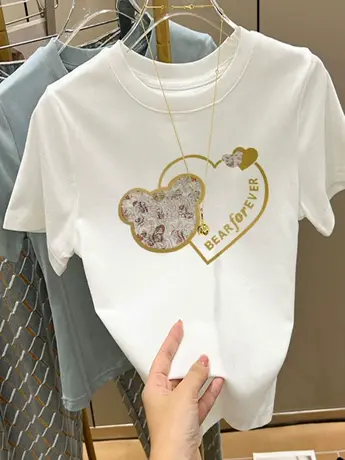 白色仿棉正肩短袖t恤女2023新款欧货夏季漂亮时尚女装洋气上衣服商品大图