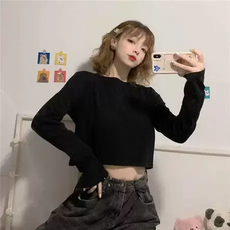 长袖t恤女ins潮辣妹穿搭宽松设计感小众高腰露脐韩风chic短款上衣商品大图