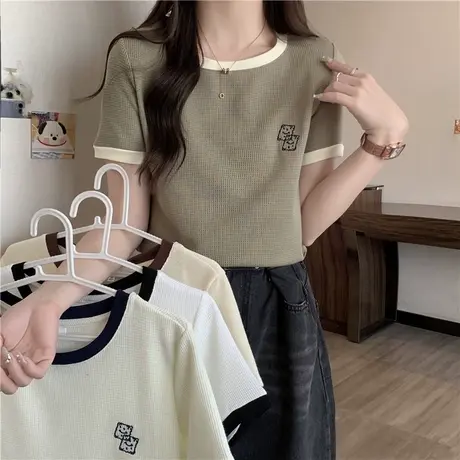 短款正肩刺绣半袖T恤女夏装2023新款韩版修身显瘦华夫格短袖上衣商品大图